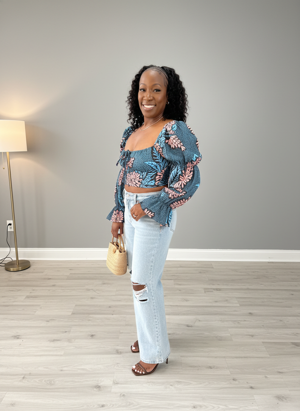 Blue Botanical Lantern Sleeve Crop Top