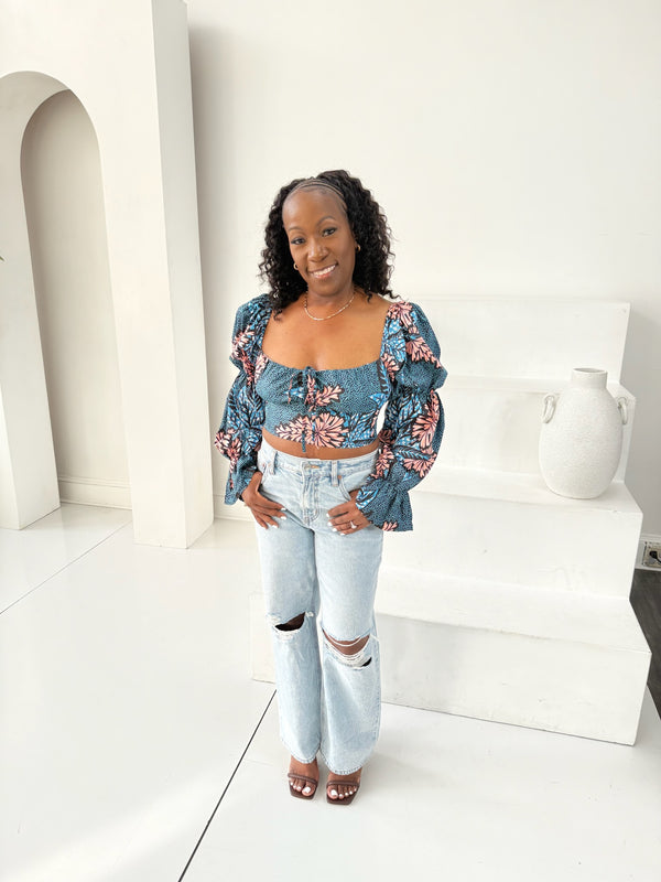 Blue Botanical Lantern Sleeve Crop Top